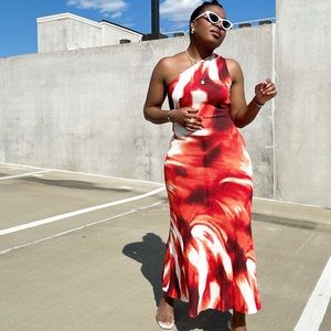 Zara Red & White One Shoulder Midi Dress - NWT S